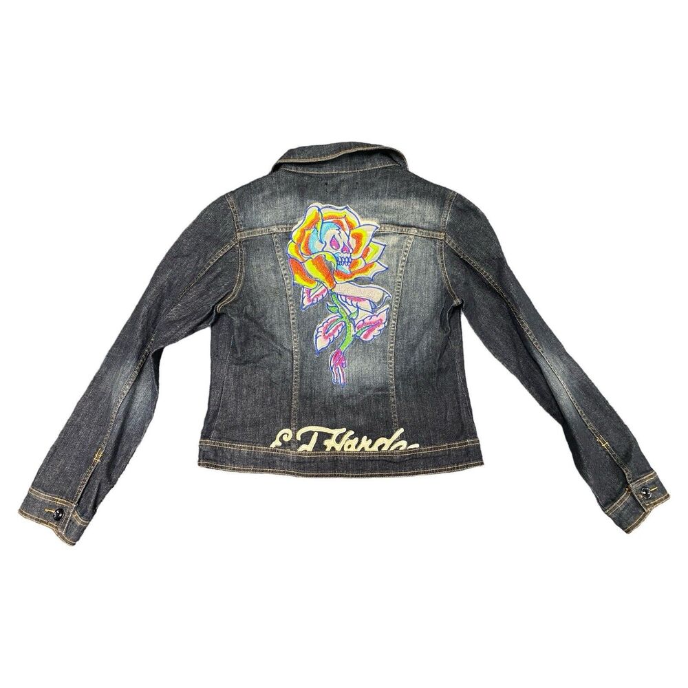 ED HARDY by Christian Audigier Love Rose & Skull Denim Jacket Women Sz Medium - Picture 6 of 7
